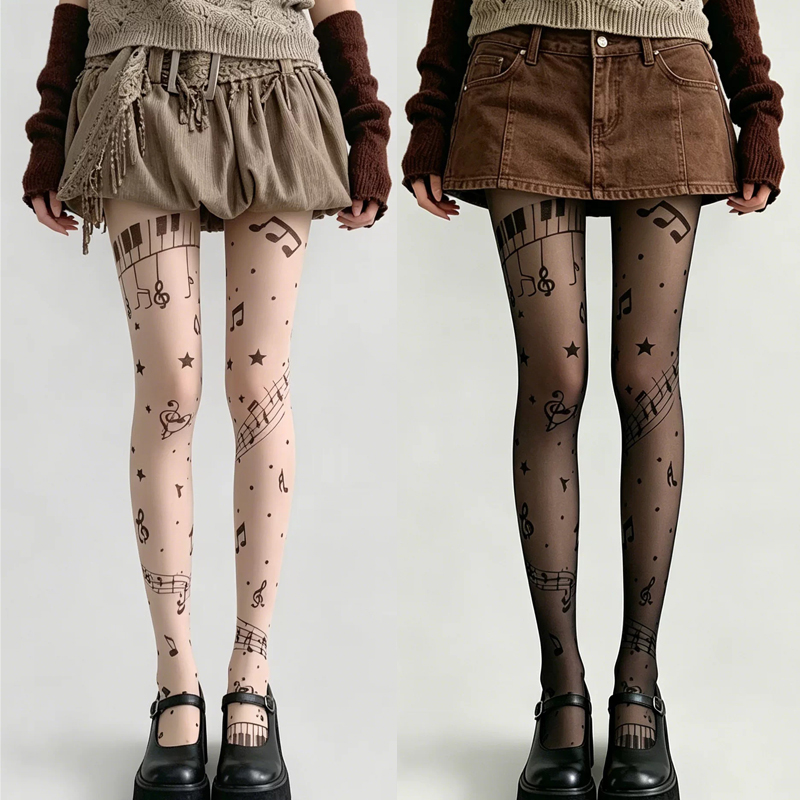 Tights Pantyhose Sheer - Y2K 음표 프린트 시어 팬티 스타킹
