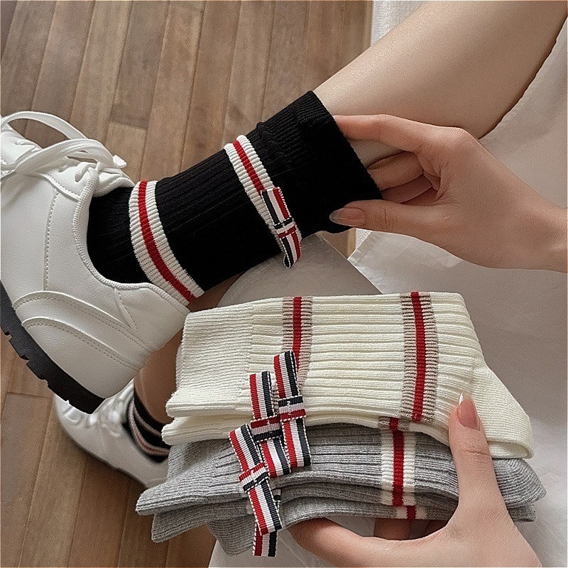 Cotton Crew Sock Pack - 여성용 3켤레 코튼 스트라이프 보우 크루삭스
