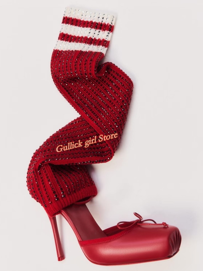 Knee High Sock Women - 레드 니트 스퀘어토 부츠 컷아웃 스틸레토