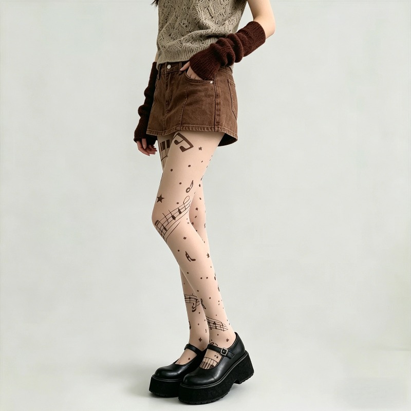 Y2K 음표 프린트 시어 팬티 스타킹 레트로 음악 패턴 - Tights Pantyhose Sheer 리뷰 및 가격