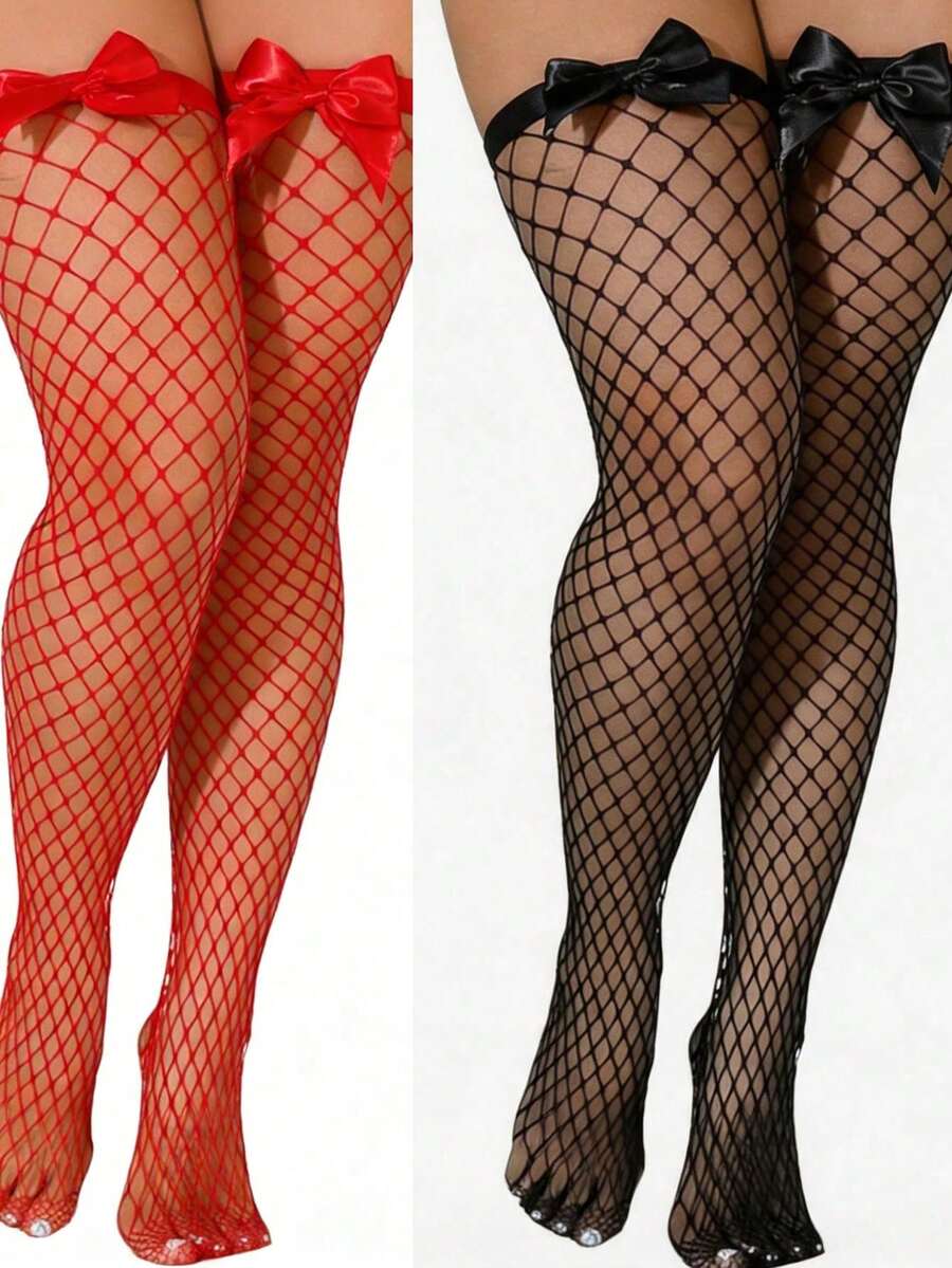 리본 장식 피쉬넷 허벅지 스타킹, 탄력 있는 속이 비치 - Fishnet Stocking Women 리뷰 및 가격